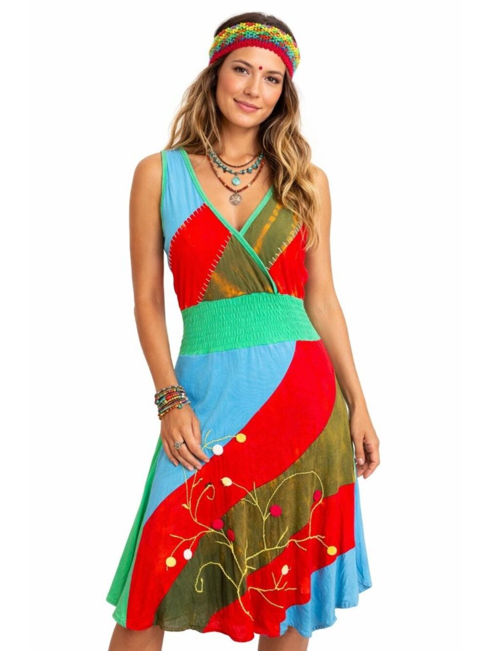 Rising International Colorful Boho Hippie Patchwork Empire Waist Dress Women M